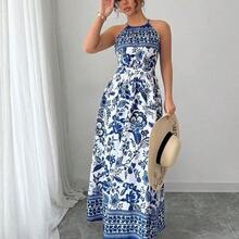 Women's Elegant Fashion Charming Beach Resort Casual Vacation Sleeveless Halter Waist Cinched Floral Print Maxi Dress (Random Floral Print) - Azul y blanco - Ver 4
