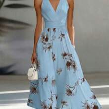 AB Patchwork V-Neck Sleeveless Waist Cinched Elegant Midi Dress, Suitable For Work & Vacation - Multicolor - Ver 1