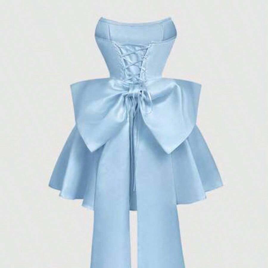MOD Satin Fitted Bandeau Bow Decor Short Dress, Pink Corset Dress - Azul - Ver 1