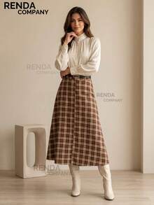 Women's Tailored Plaid Midi Skirt, High Waist With Leather Belt, Elegant Look, For Autumn And Winter (São João Festival). - 鏽棕色 - 查看 3