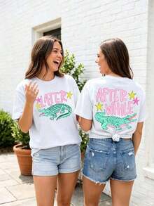 Esta camiseta casual de manga corta y cuello redondo presenta un popular estampado de cocodrilo, un tatuaje de cocodrilo y un eslogan, lo que la hace perfecta para la primavera y el verano. Camiseta de mujer - Ropa fresca de verano - Blanco - Ver 2