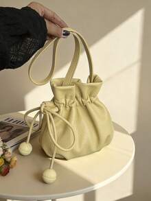 New Solid Color Drawstring Bucket Bag, Casual Cute Mini Shoulder Crossbody Bag - Yellow - View 6