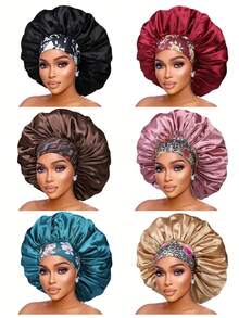 CONFLASS 3/1pc Wide Brim Satin Floral Print Sleep Cap With Wide Elastic Band, Suitable For Braided, Curly, Straight Hair Women's Sleep Cap, Daily Wear - Multicolor - View 9