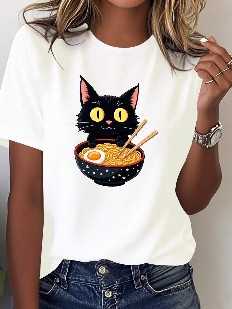Blancurara Women's T-Shirt With Cat And Fi Ramen Design - Inspired By Japanese Anime, Kawaii Style, Comfortable And Casual Daily Wear, Stain Washable Top For All Seasons - 白色 - 查看 1
