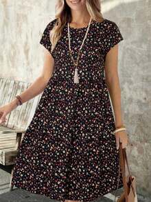 Vestido midi de manga corta, cuello redondo y corte holgado para mujer, adecuado para el verano - Multicolor - Ver 5