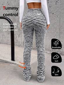 Summer Vacation Outfits Women Black & Beige Striped Fuzzy Textured High Waist Flare Pants, Casual Going Out Bell Bottom Trousers For Beach, 4th Of July Streetwear - 黑色 - 查看 8