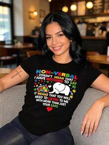 Cotton T-Shirt With Mexican Art Print And Autism Puzzle, Casual Style, Short Sleeve, Round Neck, Fashion For All Seasons, Women's Clothing, Matching Family T-Shirt - 黑色 - 查看 3