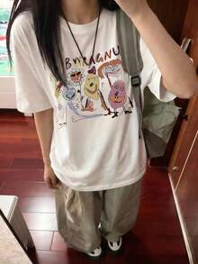 女士圆领短袖T恤，夏季新款卡通图案字母印花，时尚休闲宽松上衣 白色 - 白色 - 查看 8