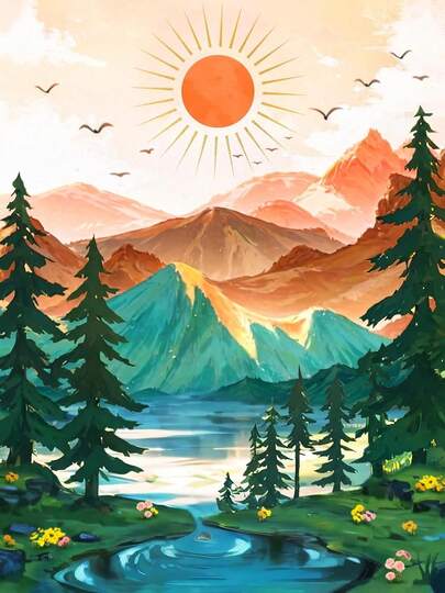 一套数字填色风景画“山川日出”艺术填色套装，适合成人，可用于室内装饰和送礼，尺寸为30x40厘米/11.81x15.75英寸，不含画框，适合作为生日和毕业礼物。