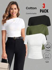 Camiseta de moda de manga corta con hombros oblicuos y ajustada de unicolor para mujer, verano - Verde - Ver 1