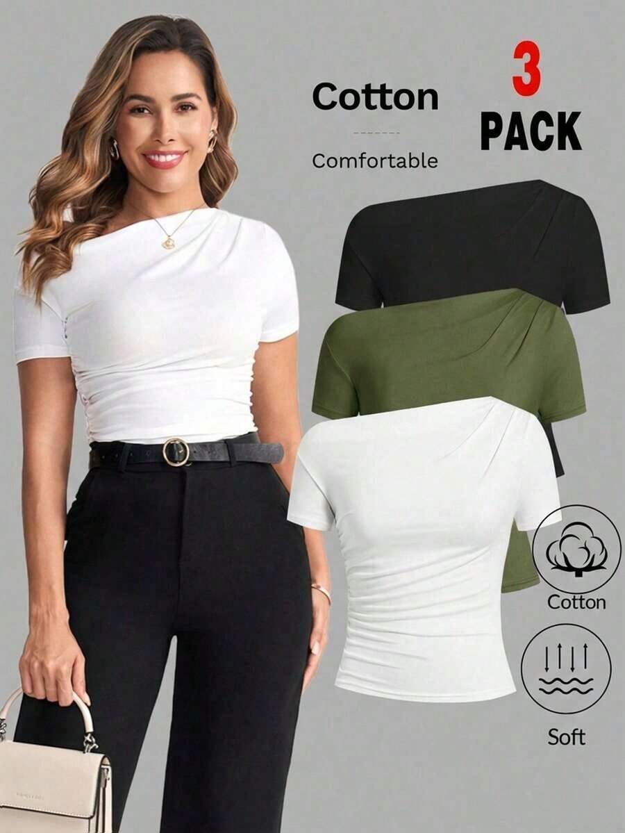 Camiseta de moda de manga corta con hombros oblicuos y ajustada de unicolor para mujer, verano - Verde - Ver 1