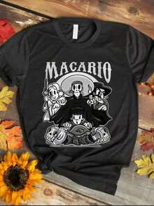 Camiseta TemáTica Ropa De DíA De Muertos "MACARIO" CóModa Ideal Para Fiesta Disfraces Y Celebraciones - Negro - Ver 4