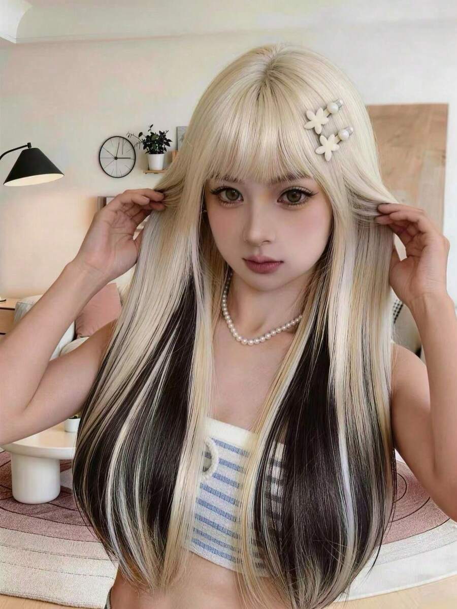 26 Inch Black Straight Layered Bangs Wig, Heat Resistant Synthetic Hair, Natural Daily Use - Black Highlight - View 1