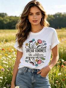 1 pieza Camiseta para mujer "Difunde bondad como flores silvestres" - Linda camiseta blanca de manga corta con cuello redondo, con mensaje inspirador y estampado, suave, transpirable, de corte relajado, para verano, uso diario, vacaciones. 180g 100% algodón, los diseños están impresos. Unisexo. - Blanco - Ver 2