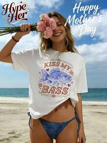 Best Seller 2026, Women's Short Sleeve Crew Neck Cotton T-Shirt With Kiss My Bass Fish Print, For Casual Or Office Wear, Modern Everyday Top, Summer Clothes For Women - 白色 3 - 查看 4