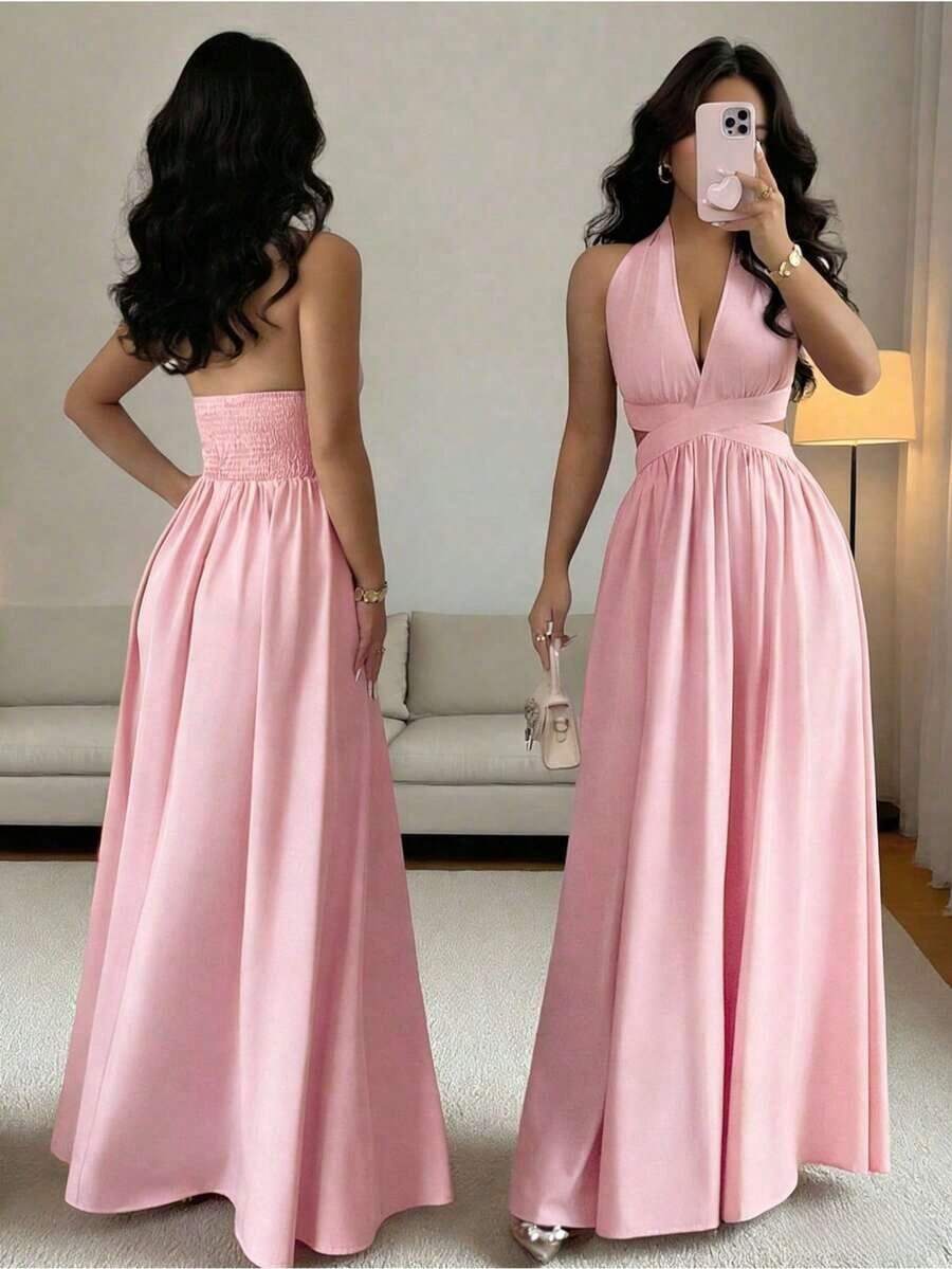 Elegante vestido sin mangas con cuello en V, diseño hueco en la cintura y pliegues, color morado, nueva llegada de primavera/verano - Rosa - Ver 1