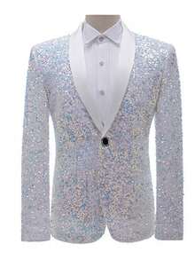 Men's Shiny Sequin Blazer, Single-Button Shawl Collar Tuxedo Jacket For Prom, Wedding, Stage Performance And Party - White - View 2