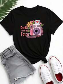 Camiseta Gráfica para Mujer - Diseño DeBi Tirar Mos Fotes Camera - Camiseta Casual de Verano para Amantes de la Fotografía - Ropa de Verano - Negro - Ver 3