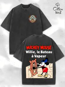 Disney Steamboat Willie Mickey Mouse Double-Sided Graphic Vintage Washed Oversized T-Shirt, 100% Cotton Retro Classic Mickey Tee For Men/Women - 黑色 - 查看 1