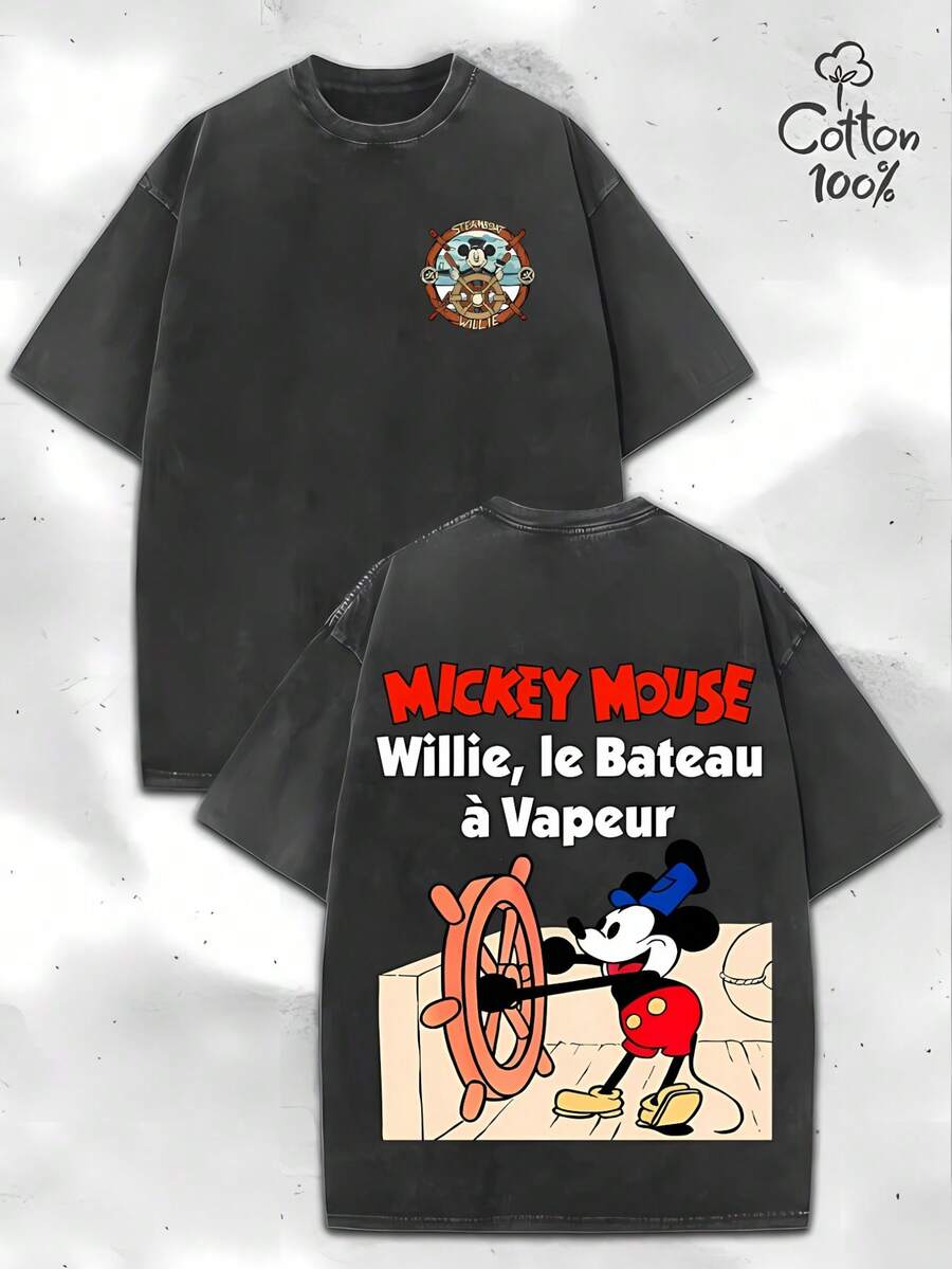 Disney Steamboat Willie Mickey Mouse Double-Sided Graphic Vintage Washed Oversized T-Shirt, 100% Cotton Retro Classic Mickey Tee For Men/Women - 黑色 - 查看 1