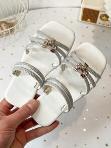 Kids' Rhinestone Multi-Strap Square Toe Flat Slide Sandals, Open Toe Slip-On Summer Casual Fashion Slides For Girls - White - View 6