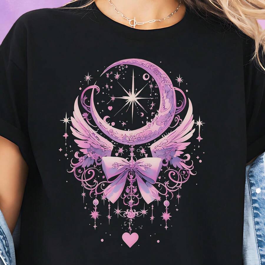 Pastel Goth Angel Moon TShirt, Creepy Cute Y1ami Kawaii T1EE. Harajuku Fashion.JPG - Negro - Ver 1