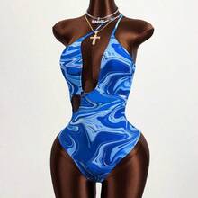 Summer Beach Marble Print Cut Out One Shoulder One Piece Swimsuit - Rojo violeta - Ver 6
