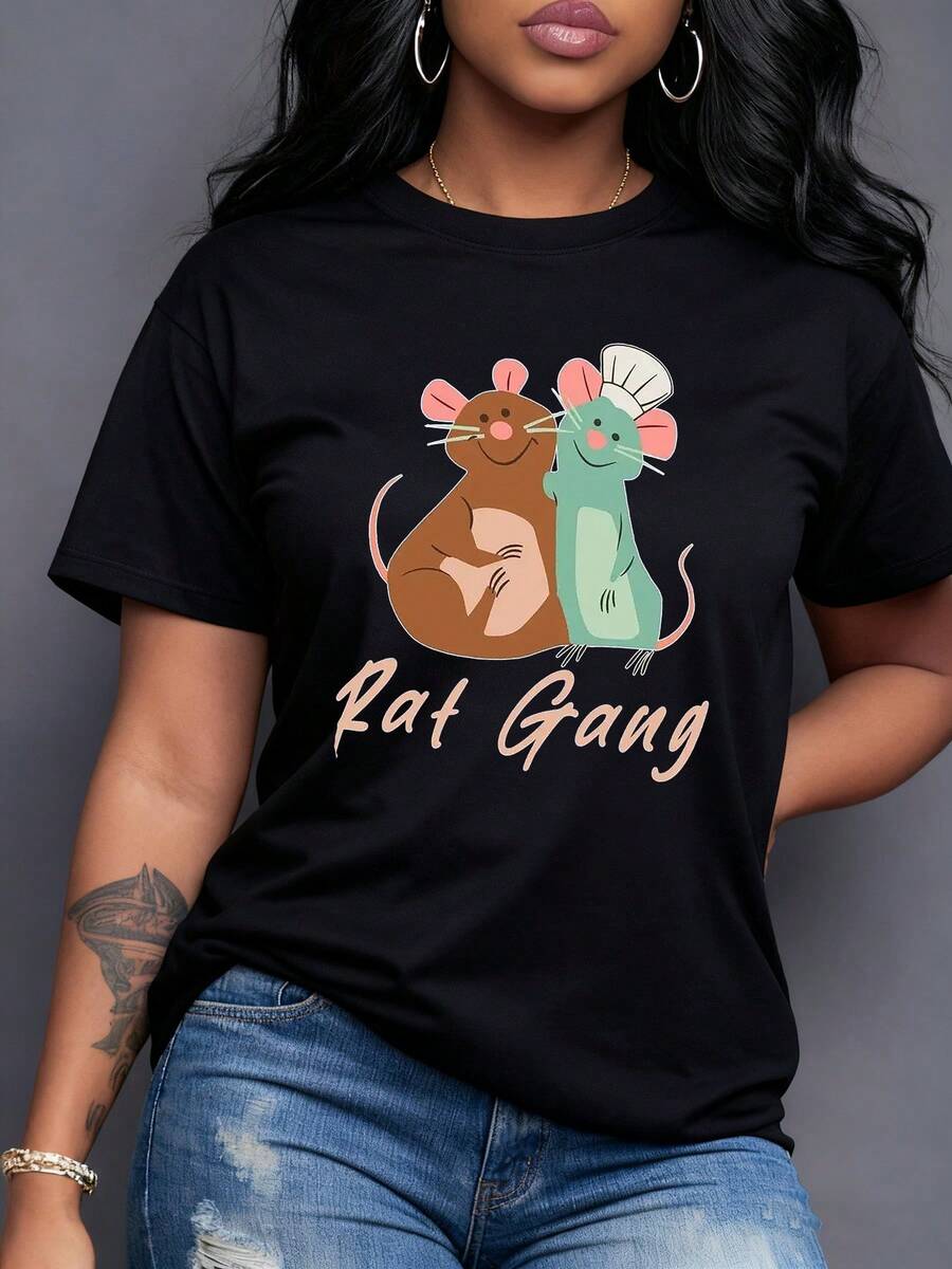 Dos ratones alegres que simbolizan amistad y trabajo en equipo con uno de ellos usando gorro de chef mostrando unión divertida y energía positiva camiseta para mujer casual y cómoda - Negro - Ver 1