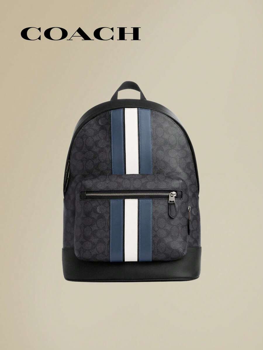 Coach Ba lô West bằng vải canvas đặc trưng với họa tiết sọc thể thao, túi đeo vai cỡ lớn dành cho nam. - Màu xanh denim và trắng phấn - Xem 1