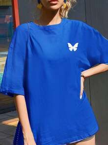 Fibromyalgia Awareness Support T-Shirt, 220 G/M² Cotton T-Shirt With Double-Sided Print, Round Neck, Casual Style For Women (1 Piece) - 藍色 - 查看 3
