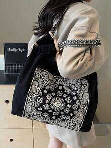 Women's Handbag, Large Capacity Waterproof Canvas Embroidered Tote Bag, Personalized Pattern Portable Shoulder Tote Bag - Black - View 2