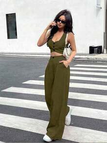 Set de 2 piezas para mujer: Top sin mangas de cuello de corazón con dobladillo asimétrico de unicolor y pantalón largo con bolsillo detallado - Verde militar - Ver 4