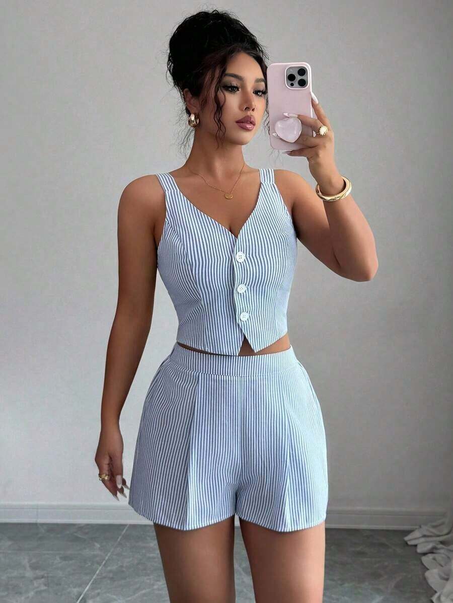 de 2 piezas de top con botones delanteros y dobladillo con abertura + shorts de unicolor casual y de uso diario para mujer - Azul y blanco - Ver 1