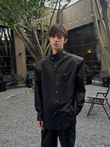 薄手長袖シャツ ヤング向け 無地シンプルデザイン メンズカジュアルトップス - ブラック - チェックする 1
