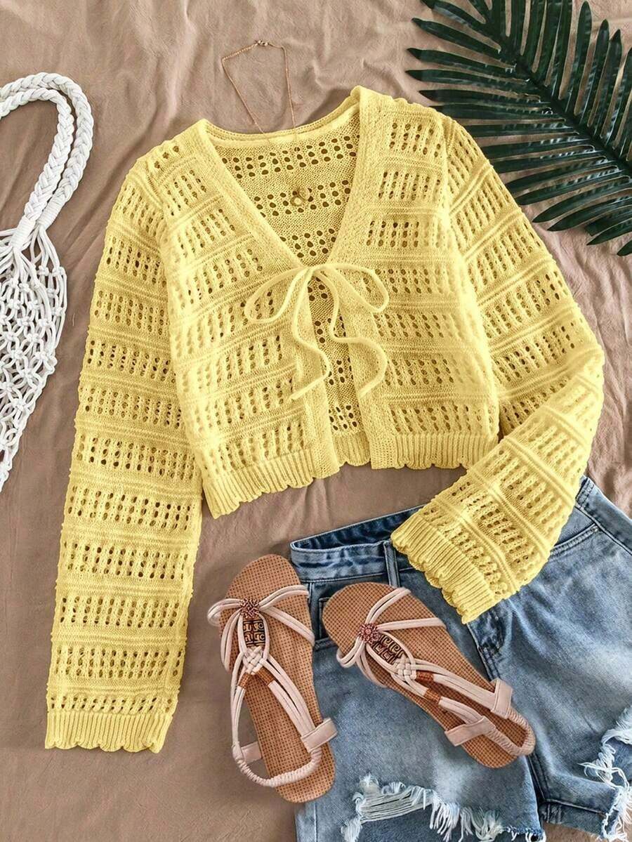 Cárdigan casual de mujer de unicolor con cuello en V y lazo delantero - Amarillo claro - Ver 1