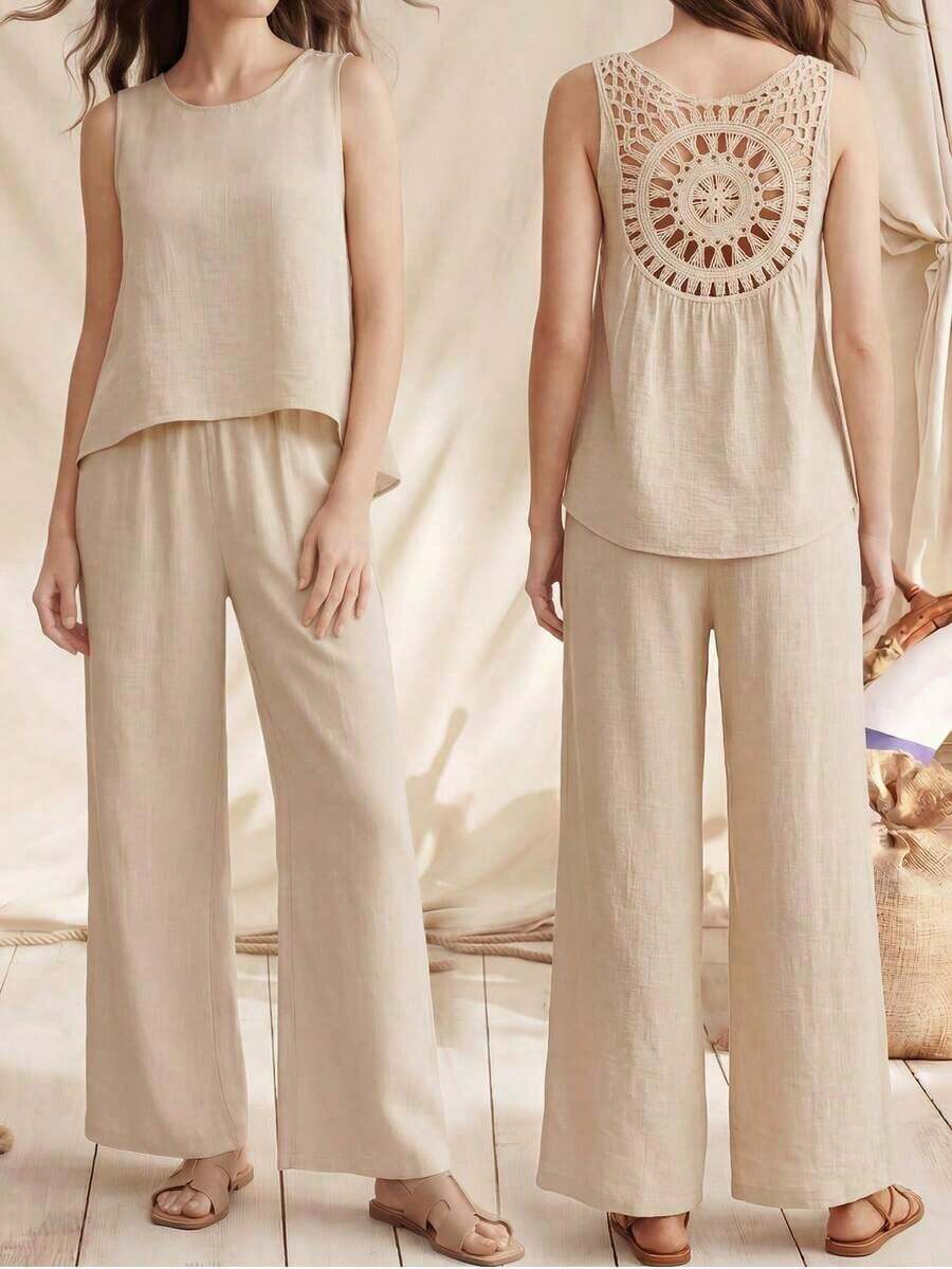 Conjunto de top sin mangas y pantalones de pierna ancha con parte posterior de malla de encaje para mujer, color albaricoque, para primavera/verano - Caqui - Ver 1