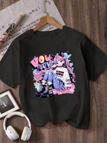 Ny damt-t-shirt med rund hals och mångsidigt tryck, svart t-shirt med färgglad animeflickgrafik för barn - med rolig design med rosa hår, snygg outfit och fet text "Wow your" - perfekT- Casual t-shirt för sommaräventyr, present till animeälskare, avslappnad och minimalistisk stil, lämplig för vår och sommar - Svart - Visa 7