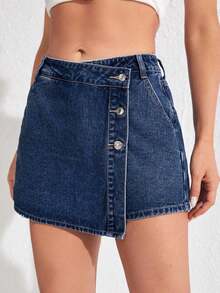 Envoltorio de falda pantalón denim con dobladillo asimétrico de unicolor - Azul lavado oscuro 2 - Ver 7
