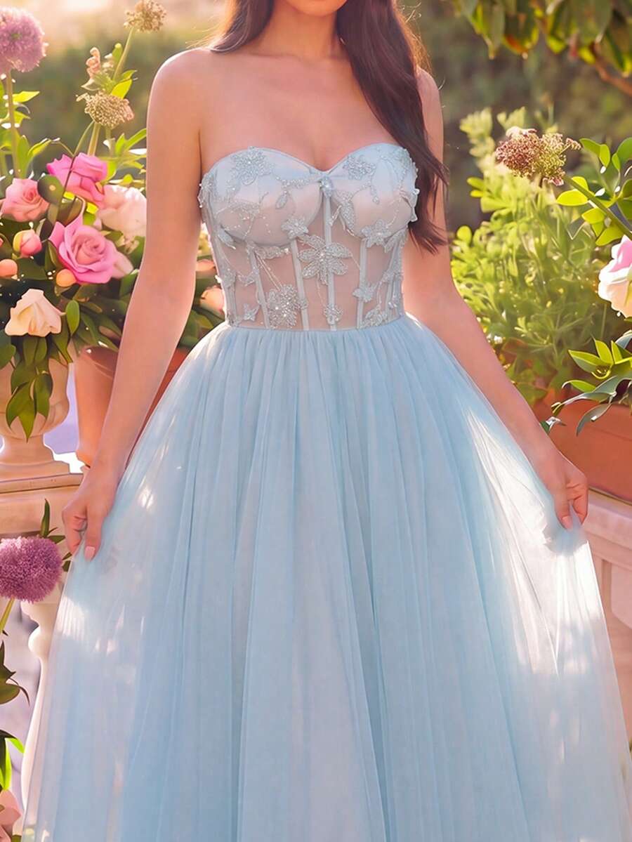 Faeriesty Vestido de noche elegante sin tirantes de malla con detalles bordados florales - Adecuado para fiestas de jardín románticas de primavera y galas soñadoras de verano - Azul - Ver 1
