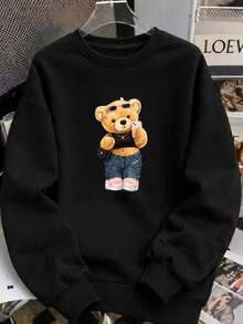 Women's Bear Blogger Style Crew Neck Sweatshirt (No Hood) - Winter - Black - View 3