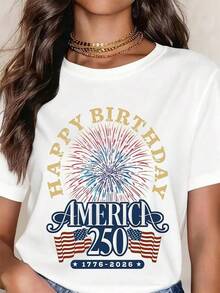 Happy Birthday America 250th Anniversary T-Shirt 1776 2026 Independence Day Celebration Fireworks Patriotic American Flag Design Women's Casual TopRopa De Mujer / Ropa De Mujer De Uso Diario / Blusas, Camisas Y Camisetas De Mujer / Camisetas De Mujer Ropa Deportiva Basicos Mujer Short Playeras Para Hombre - Blanco - Ver 8