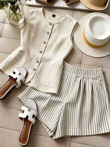 Conjunto de 2 piezas de mujer tejido a rayas de estilo elegante para el verano - Albaricoque 2 - Ver 7