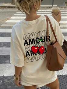 Camiseta de mujer vintage con estampado de cerezas rojas, tela transpirable y cómoda con estampado de eslogan positivo, ajuste holgado estilo universitario estadounidense retro, adecuada para uso diario, estilo callejero, día de autocuidado o regalo casual de Acción de Gracias en verano - Albaricoque 2 - Ver 5