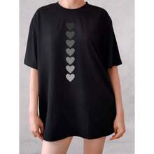 Sitio independiente de comercio exterior transfronterizo: Camiseta de algodón puro para mujer, de corte holgado, de longitud media, manga corta, con estampado de corazones en degradado, estilo europeo y americano. - Negro - Ver 3