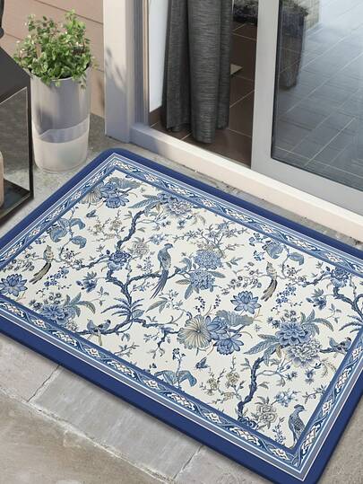 1 Piece Of Crystal Velvet Material Anti Slip Floor Mat, Blue And White Oriental Flower And Bird Pattern Door Mat, Machine Washable And Non Fading, Suitable For Kitchen, Dining Room, Corridor, Bathroom, Bedroom, Study, Computer Room, Indoor/Outdoor Entrance Welcome Mat, Home Decoration