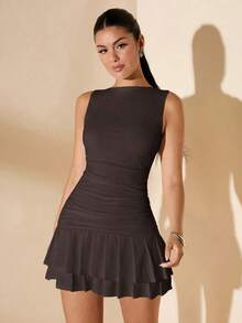 Vestido mini ajustado de mujer de color blanco liso sin mangas con volantes en la cintura y falda acampanada.Vestido de Body entero con capas para el verano, otoño e invierno - Café integral - Ver 3