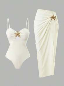Elavelle Set de 2 piezas de traje de baño de una sola pieza con falda maxi, tirantes finos y decoración de estrella de mar, unicolor para mujer - Beis - Ver 9