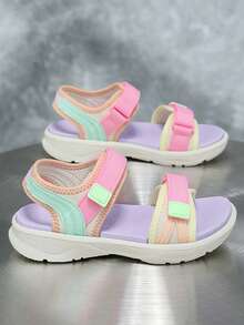 1 Pair Of Simple Color Flat Sandals Woven Hook And Loop Fastener Design Comfortable And Cool Unisex Suitable For Wearing In Summer - Pink - View 6