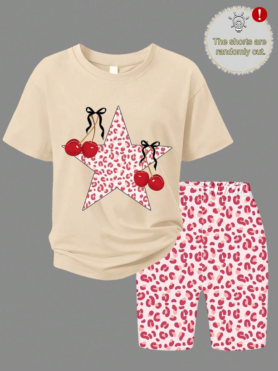2pcs Girl Set Round-Neck Short-Sleeve T-Shirt With Star Pattern Cherry Prints And Pink Leopard Print Shorts Casual Summer Girls Outfits Set - Apricot - View 1