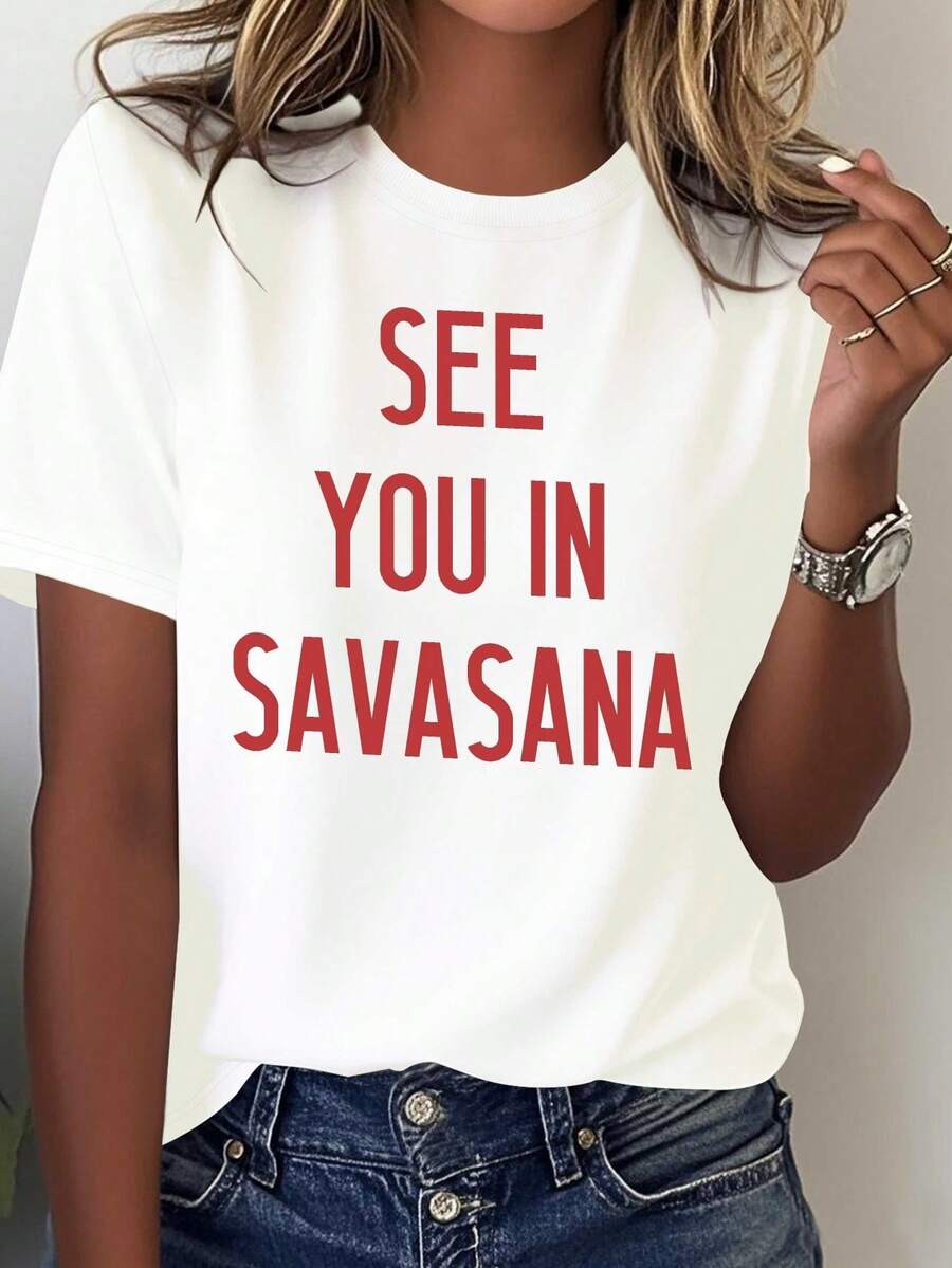 Women's T-Shirt - See You In Savasana - Black With Red Lettering - 100% Natural - Suitable For Meditation, Casual Wear - Machine Washable - Positional Design - Perfect Gift For Yoga Lovers - All-Season Comfort - Soft And Breathable - Ideal For Studio Or Lounge Wear - Geometric Print - Minimalist Style - Enthusiast Sportswear - 白色 - 查看 1